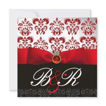 red ribbon ruby white black  damask monogram invitation