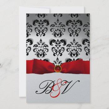 red ribbon silver black  damask monogram invitation