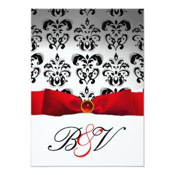 Red Ribbon Silver Black  Damask Monogram Invitation Front View