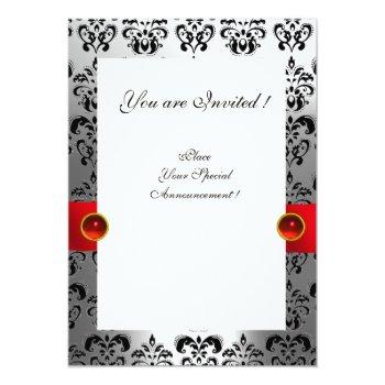 Red Ribbon Silver Black  Damask Monogram Invitation Front View