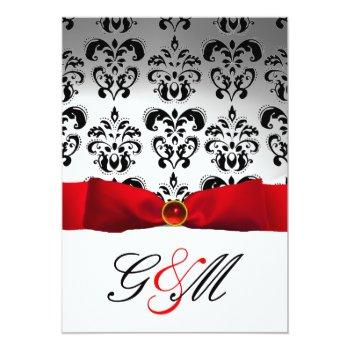 Red Ribbon White Black  Damask Monogram Invitation Front View