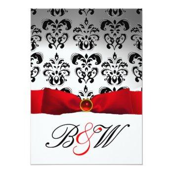 Red Ribbon White Black  Damask Monogram Invitation Front View