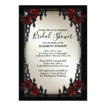 Red Rose Gothic Wedding Bridal Shower Antique Gold Invitation Front View