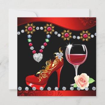 red shoes, wine & jewels black & red bridal shower invitation