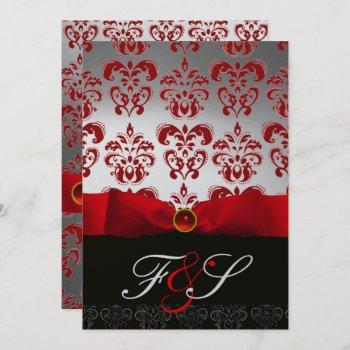 red silver ribbon & black damask monogram ruby invitation