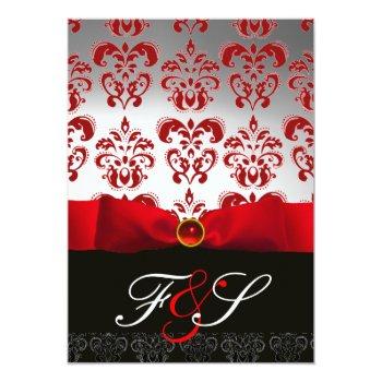 Red Silver Ribbon & Black Damask Monogram Ruby Invitation Front View