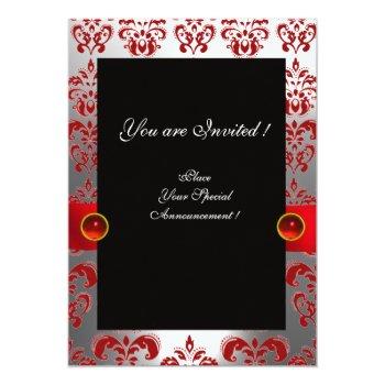 Red Silver Ribbon & Black Damask Monogram Ruby Invitation Front View