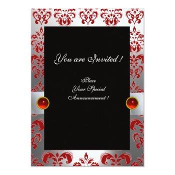 Red Silver Ribbon & Black Damask Monogram Ruby Invitation Front View