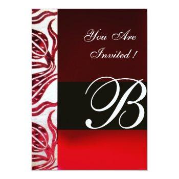 Red Velvet Damask Tulips Monogram Burgundy Silver Invitation Front View