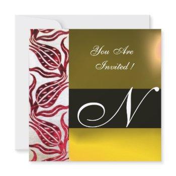red velvet damask tulips monogram burgundy yellow invitation