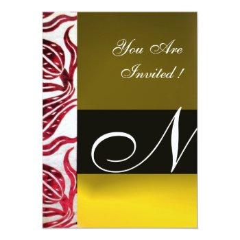 Red Velvet Damask Tulips Monogram Burgundy Yellow Invitation Front View