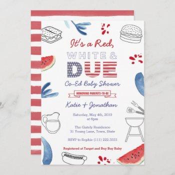 red white and due blue co-ed couples baby shower invitation