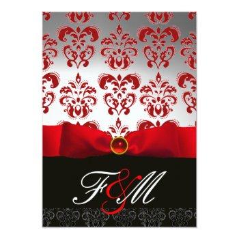 Red White Ribbon & Black Damask Monogram Ruby Invitation Front View