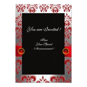 Red White Ribbon & Black Damask Monogram Ruby Invitation Front View
