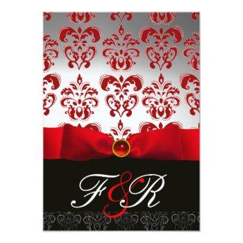 Red White Ribbon & Black Damask Monogram Ruby Invitation Front View