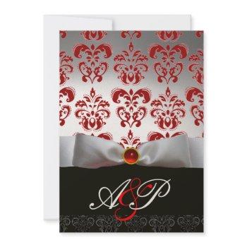 red white ribbon & black damask monogram ruby invitation