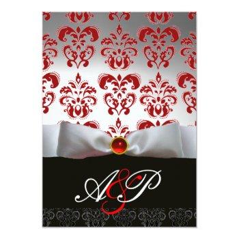 Red White Ribbon & Black Damask Monogram Ruby Invitation Front View