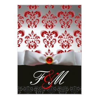 Red White Ribbon & Black Damask Monogram Ruby Invitation Front View