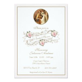 Religious Catholic Bridal Shower Pink Floral Gold  Invitation Front View