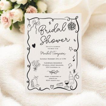 retro black hand drawn illustrated bridal shower invitation