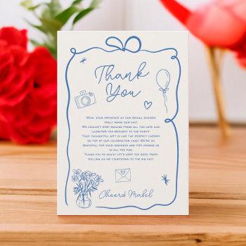 Retro Blue Hand Drawn Illustrated Bridal Shower Thank You Card Front View