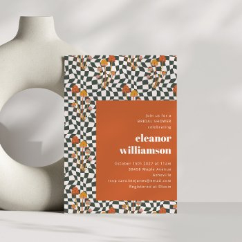 retro orange checkerboard mushroom bridal shower invitation