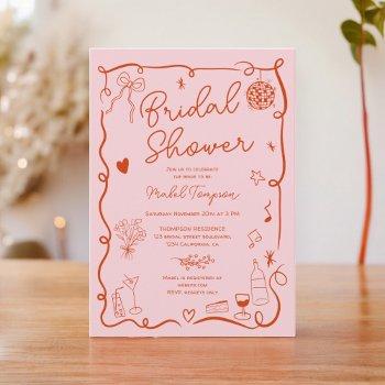 retro pink red handdrawn illustrated bridal shower invitation