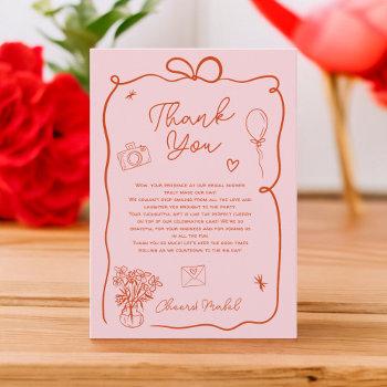 retro pink red handdrawn illustrated bridal shower thank you card