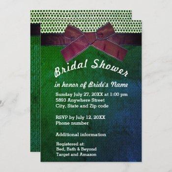 ribbon, lace, green & blue burlap bridal shower invitation