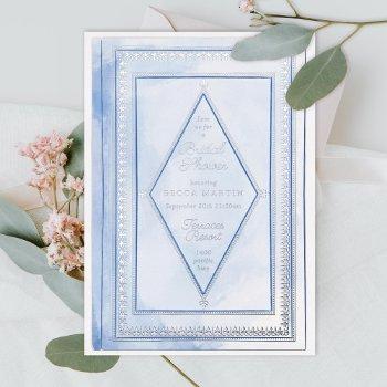 Romantic Antique Book Blue Bridal Shower Silver Foil Invitation Front View