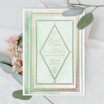 romantic antique book mint green bridal shower  foil invitation