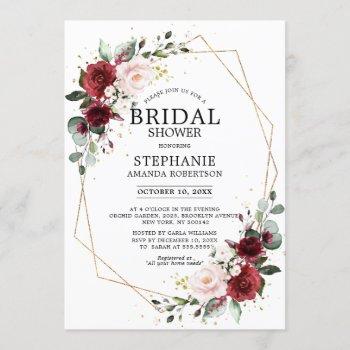 romantic burgundy floral geometric bridal shower invitation