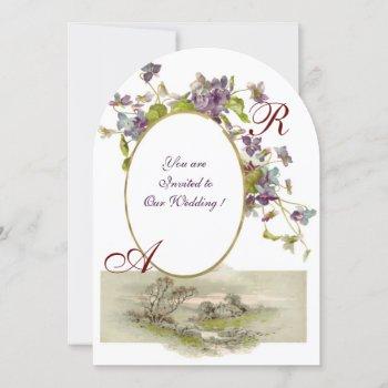 romantİca monogram /violets,green purple white invitation