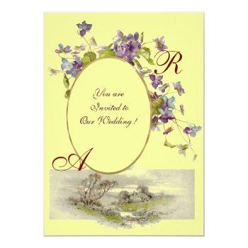 Romantİca Monogram / Violets, Green Purple, Yellow Invitation Front View