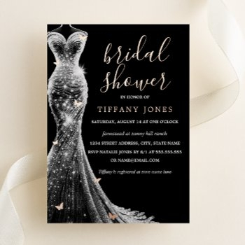 rose gold black butterfly dress bridal shower  foil invitation