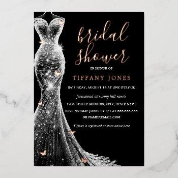 rose gold black butterfly dress bridal shower  foil invitation