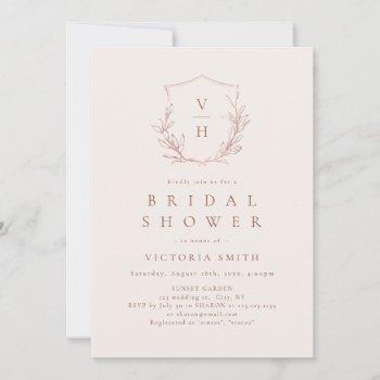 rose gold botanical crest monogram bridal shower invitation