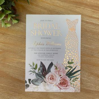 rose gold dress blush pink floral bridal shower foil invitation