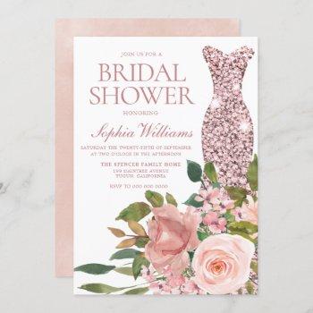 rose gold dress & blush pink flowers bridal shower invitation