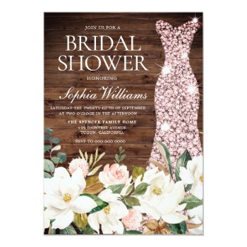 Rose Gold Dress Blush White Rustic Bridal Shower Invitation Front View