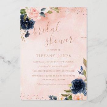 rose gold foil blush navy floral bridal shower  foil invitation