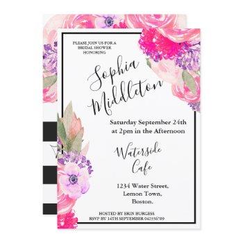 rose pink floral black white  stripe modern chic invitation