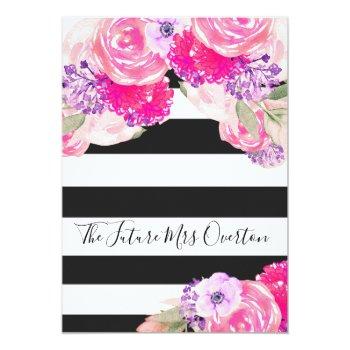 Rose Pink Floral Black White Stripe Modern Chic Invitation Front View