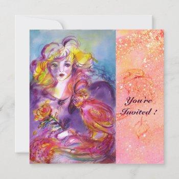 rosina / lady with rose and parrot pink sparkles invitation