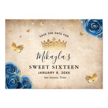 Royal Blue And Gold Rose Parchment Elegant Save The Date Front View