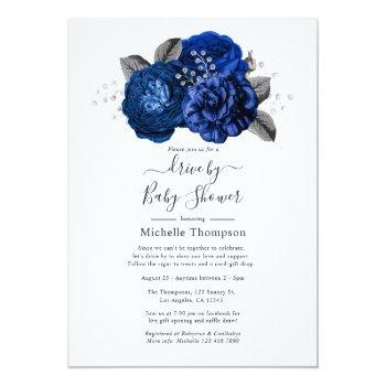 Royal Blue And Silver Floral Drive By Shower Invitation Front View