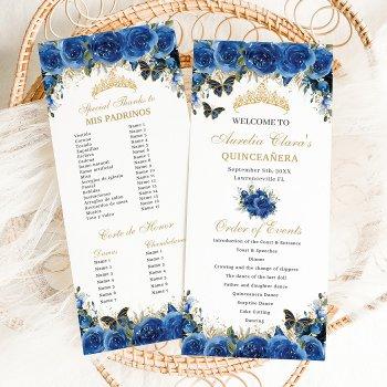 Royal Blue Floral Gold Quinceañera Order Of Events Program Front View