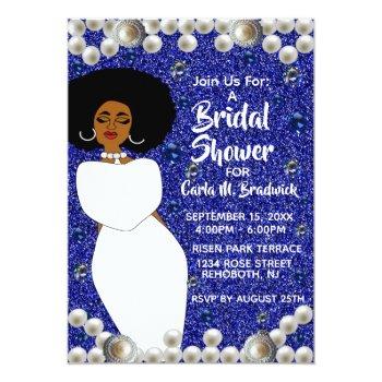 Royal Blue, Pearls African American Bridal Shower  Invitation Front View