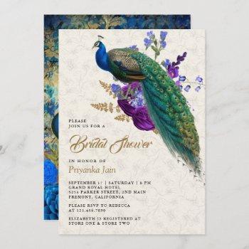 royal blue purple floral peacock bridal shower invitation