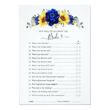 Royal Blue Rustic Sunflower Bridal Shower Game Front View